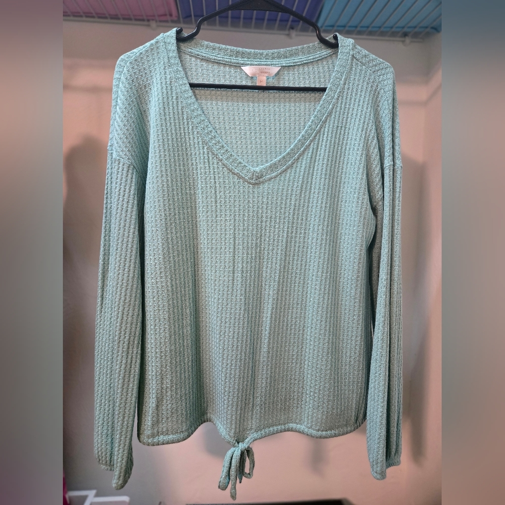 LC Lauren Conrad Green Ribbed Tie Front Top